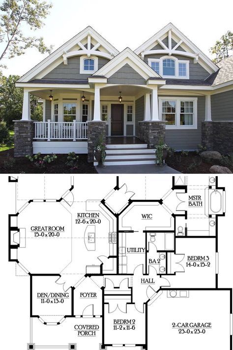 two story house plans with front porches and covered in stone, the first floor has an