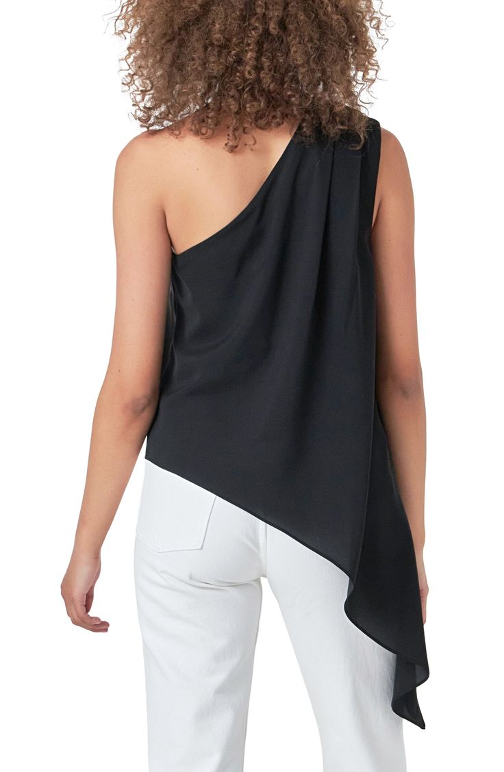 Channel breezy style in this asymmetric top that's a contemporary style standout. One-shoulder neck Lined 97% polyester, 3% spandex Hand wash, dry flat Imported Spring Black Off-shoulder Tank Top, Black Off-shoulder Tank Top For Spring, Fitted One Shoulder Foldover Top For Summer, Stretch One Shoulder Summer Top With Foldover, Fitted One-shoulder Foldover Top For Summer, Fitted One Shoulder Top With Foldover Top For Summer, Fitted One Shoulder Top With Foldover Design For Summer, Summer Stretch One Shoulder Top With Foldover, Sleeveless One Shoulder Top For Summer Nights