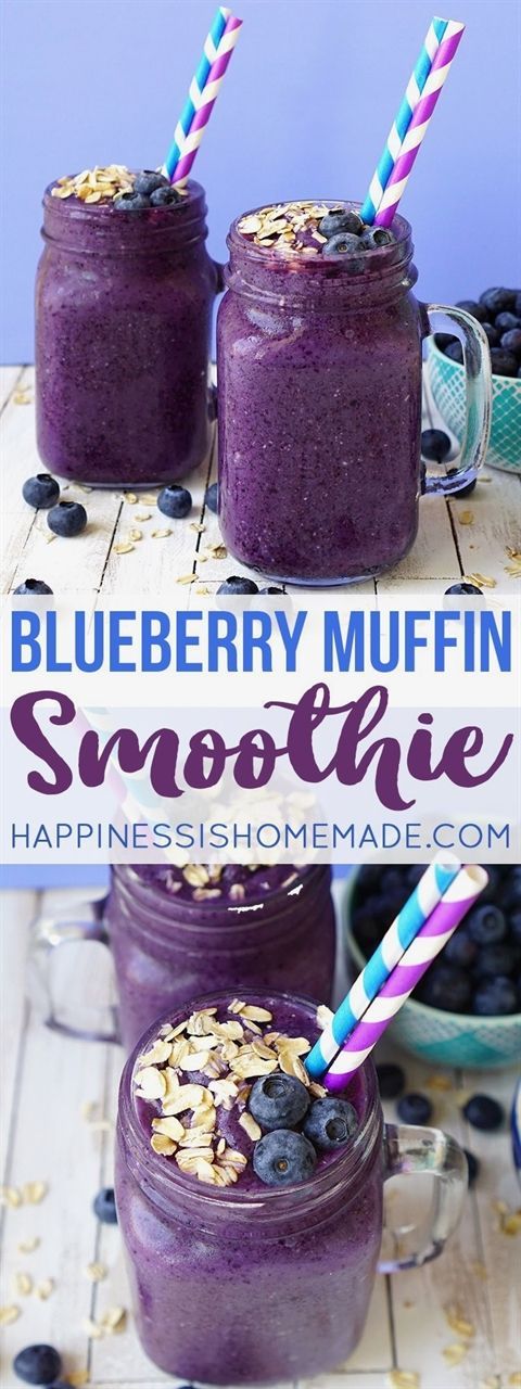 blueberry muffin smoothie in mason jars with straws