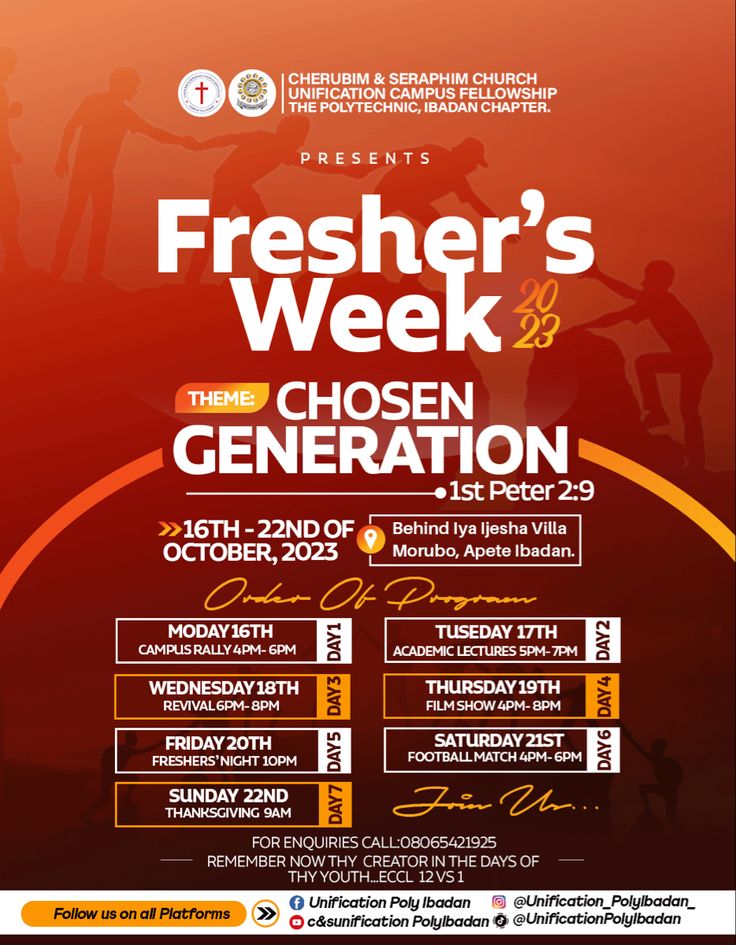 the poster for fresher's week is shown in red and orange colors, with an image of people on it