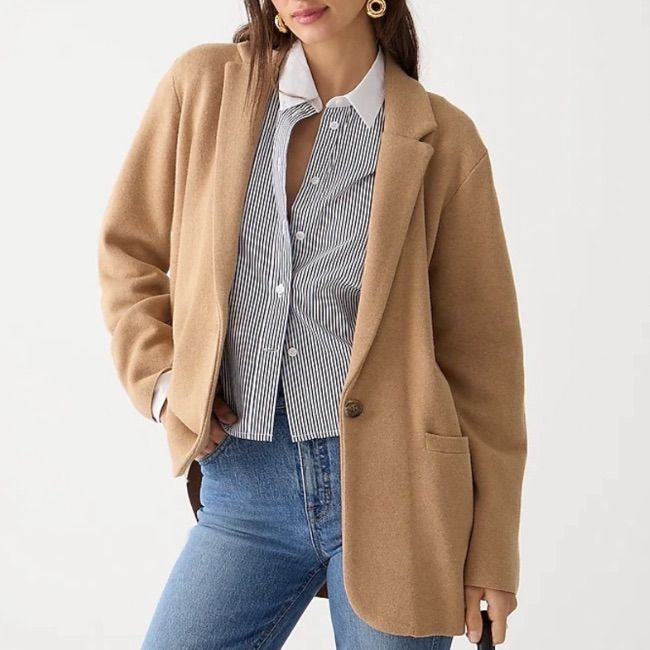 Moreno Wool And Cotton Blend Knit Sweater Blazer With Pockets Never Been Worn Smoke-Free Home Sweater Blazer Outfit, Caramel Sweater, Blazer Outfit, Sweater Blazer, Heritage Fashion, Womens Blazers, Chambray Shirt, Denim Trousers, Wide Leg Denim