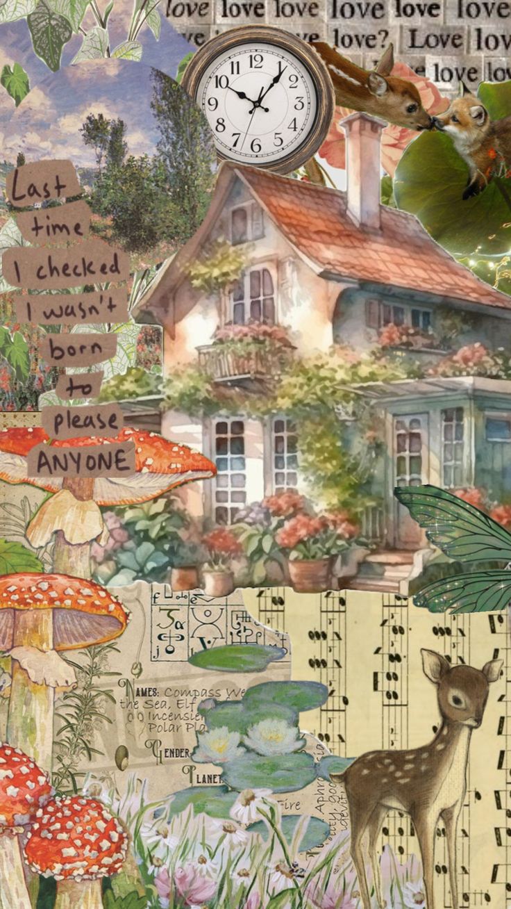 a collage of pictures with flowers, mushrooms and a house in the background that has words written on it