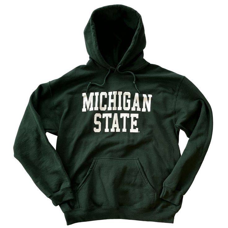 Dark green hooded sweatshirt with large front pocket. Across center chest, white block letters read Michigan State Michigan State Hoodie, Michigan Hoodie, Clothes Wishlist, Wishlist 2024, Abstract Graphic Design, Abstract Graphic, Michigan State University, Nike Running Shorts, Green Hoodie