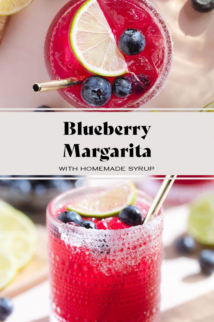 blueberry margarita with homemade syrup and lemon wedges on the rim, garnished with fresh blueberries