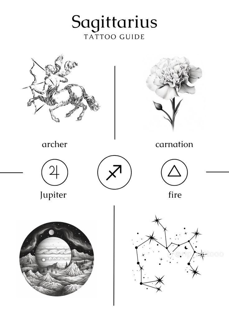 the sagittarius tattoo guide is shown in black and white, with four different symbols