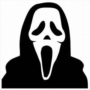 a black and white image of a person wearing a ghost mask with its mouth open