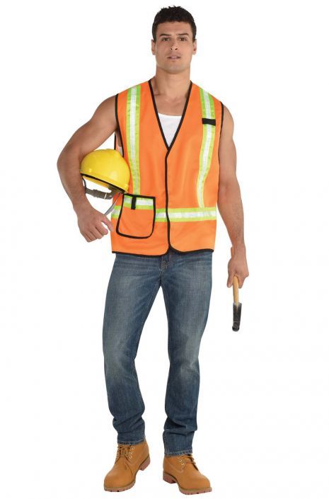 a man in an orange safety vest holding a yellow hard hat and a hammer on his left hand