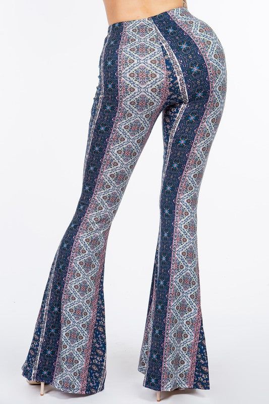 Bear Dance Baroque soft skinny flared legging bell bottom pants. Elastic waistband. Everybody loves a comfy pair of skinny pants, so cute, goes with almost anything. Brushed fabric. Color: Navy multi blueSizes: S-M-L Waist 26-28-30, (stretch 4") Length long 33-34 95% Polyester, 5% Spandex, hand wash cold, imported OF1-3/P1224 Blue Flares With Flared Hem For Spring, Blue Flared Hem Flares For Spring, Trendy Flare Pants For Loungewear, Stretch Flare Jeans With Flared Hem For Summer, Summer Stretch Flare Jeans With Flared Hem, Bohemian Spring Bottoms With Flared Hem, Trendy Flared Yoga Pants For Spring, Spring Casual Long Flares, Spring Casual Flares