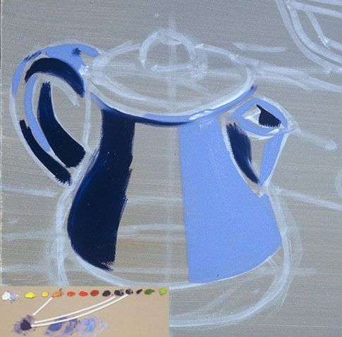 a painting of a blue pitcher on a gray background