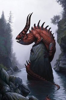 an artist's rendering of a dinosaur on a rock in the water with its mouth open