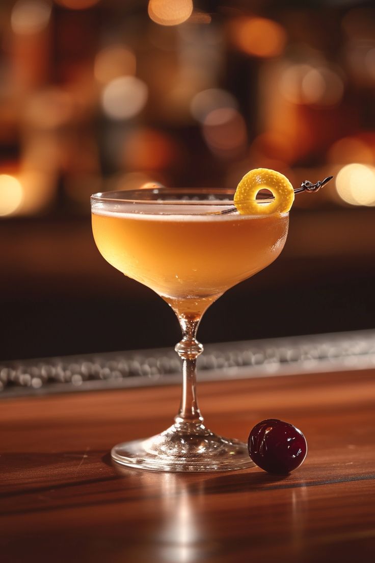 a cocktail with an orange peel on the rim and garnished with cherries