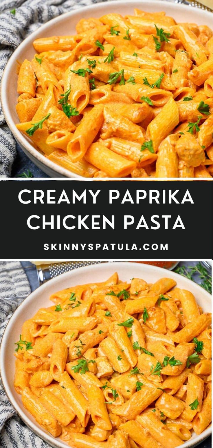 creamy paprika chicken pasta in a white bowl