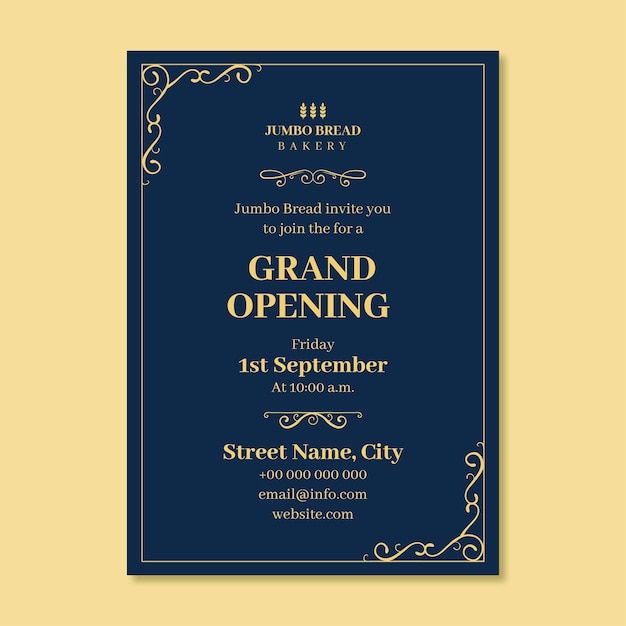 an elegant grand opening poster with gold lettering on blue paper and black frame, in front of a yellow background