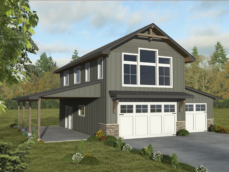 a rendering of a two story house with garage