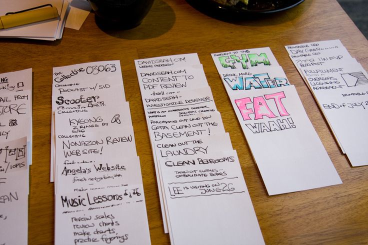 several pieces of paper sitting on top of a wooden table