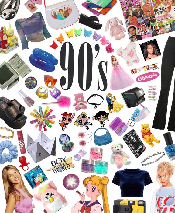 a collage of various items that say 90's