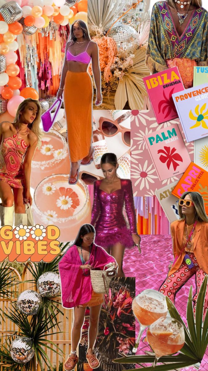 the collage shows different types of women in bright colored clothing and accessories, including umbrellas