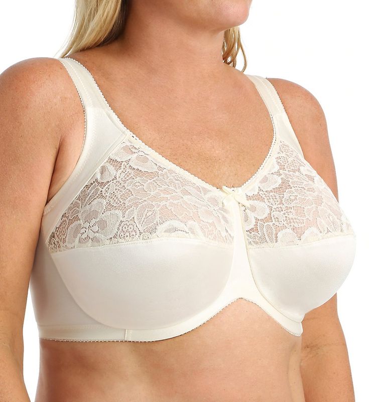 Wide comfort straps relieve shoulder strain. Made of rayon, polyester, cotton, and spandex. Full-figure bra features unlined (unpadded), 2-section cups with lace top and opaque satin bottom. Horizontal cup seams shape and support while giving a slightly conical look. Multiple-layer soft-textured knit around underwire prevents wire poke-through and provides added comfort. Curved center band gives a natural fit, even when sitting. Wide, padded, adjustable straps designed for all-day comfort. Cente Shoulder Strain, Bras Lace, Pretty Bras, Women Hats Fashion, Country Fashion Women, Fashion Curvy, Lace Underwire, Minimiser Bra, Everyday Bra