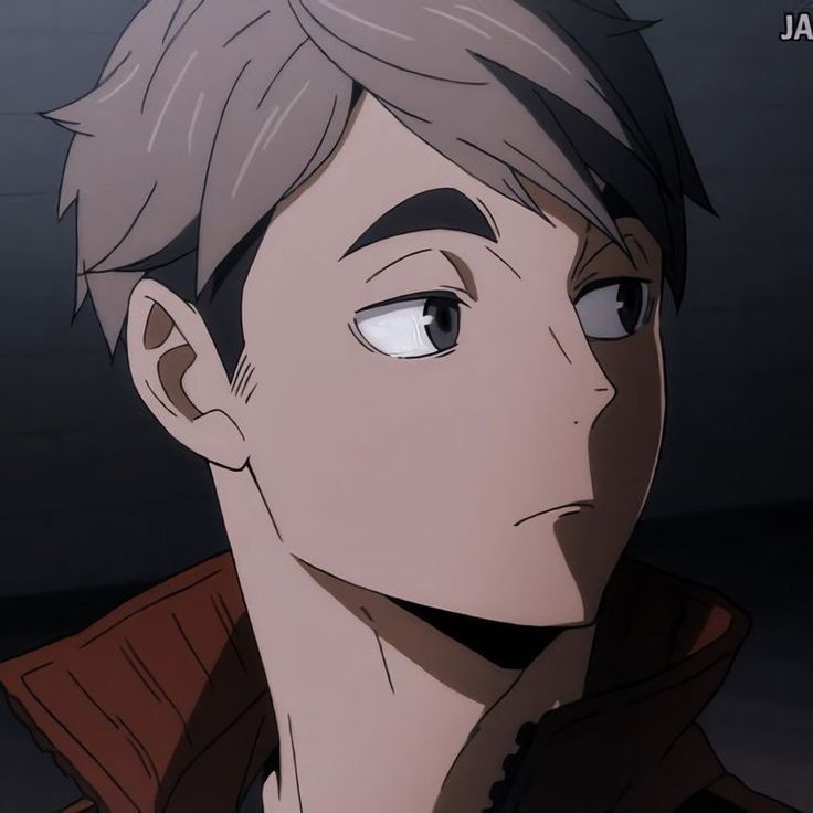 an anime character with grey hair and brown jacket looking at the camera while staring into the distance