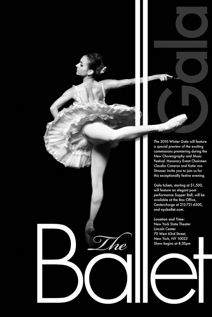 an advertisement for the ballet company with a ballerina in white and black on a black background