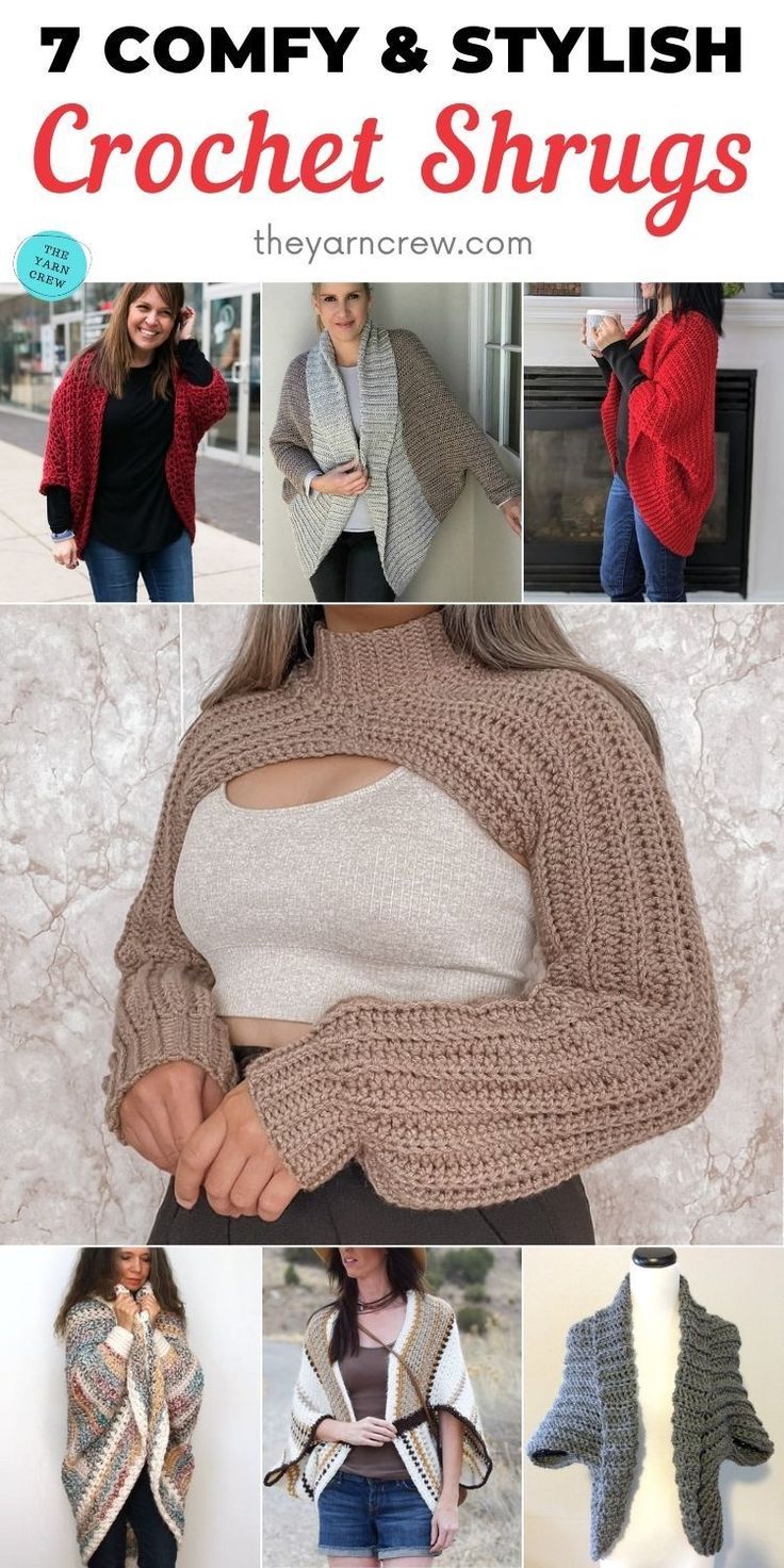 crochet shawls and sweaters are featured in this collage with text that reads, 7 comfy & stylish crochet shrugs