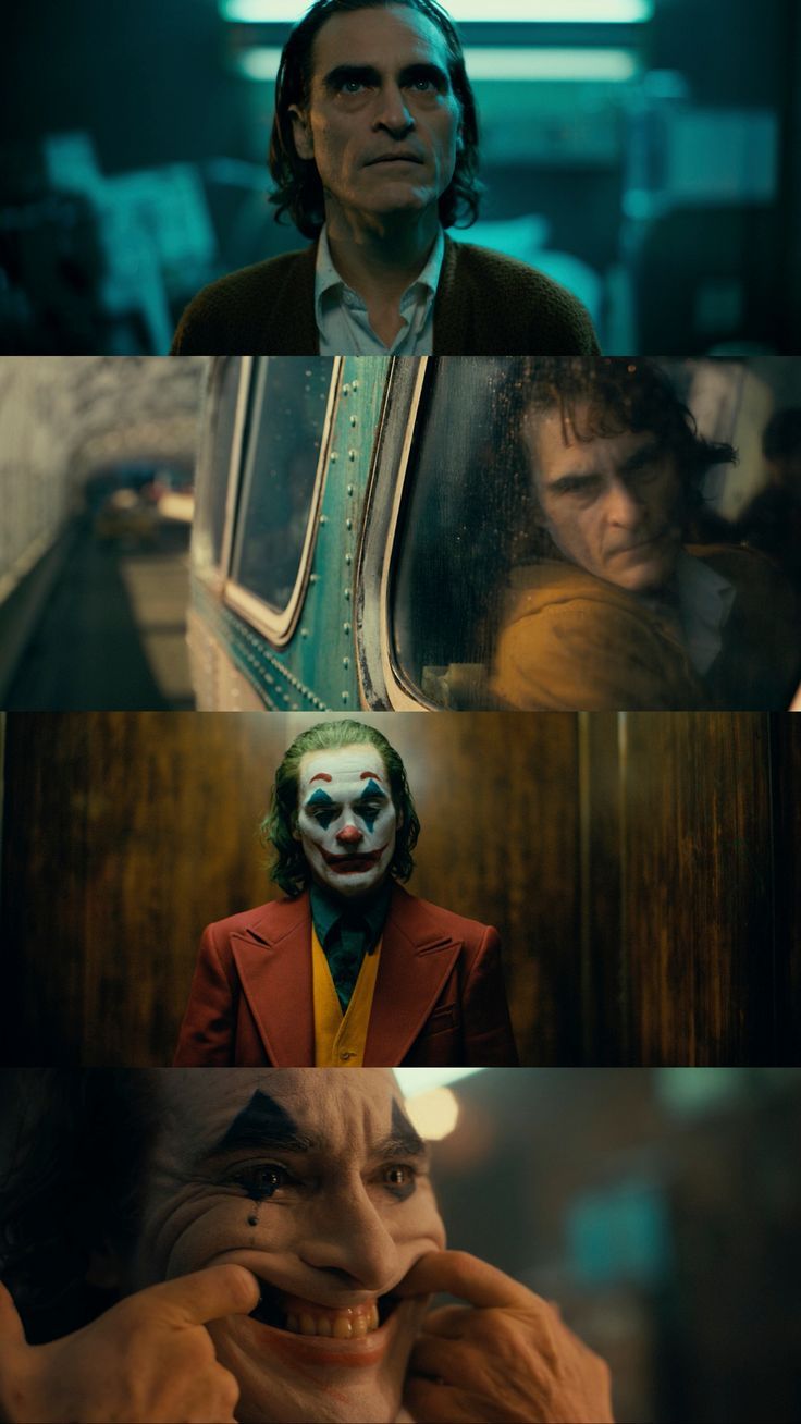 the joker movie poster is shown in three different frames, with one man's face being