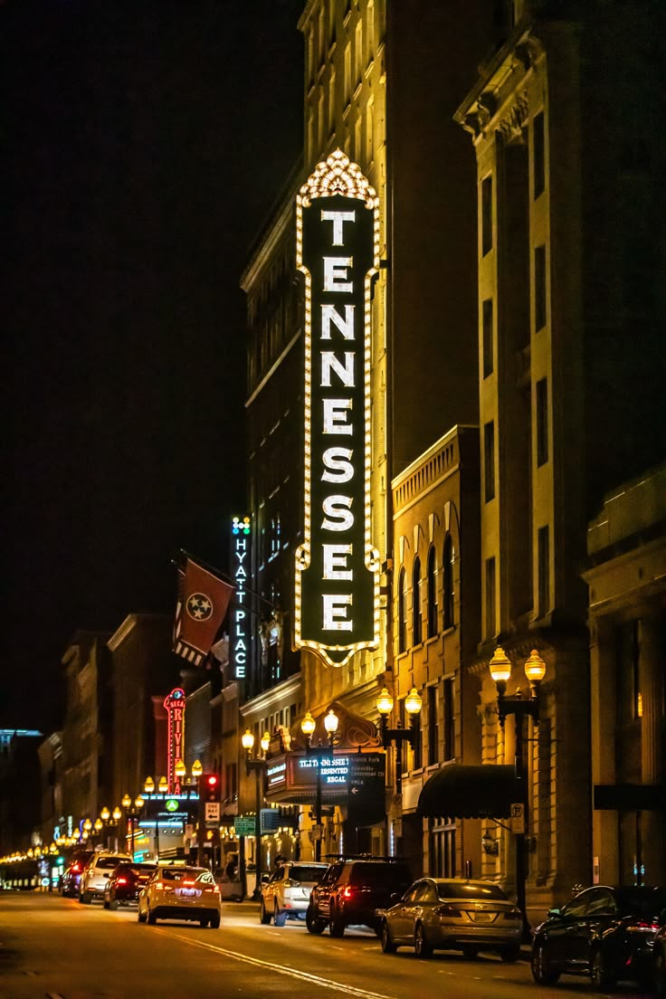 a city street at night with cars parked on the side and neon signs in the background