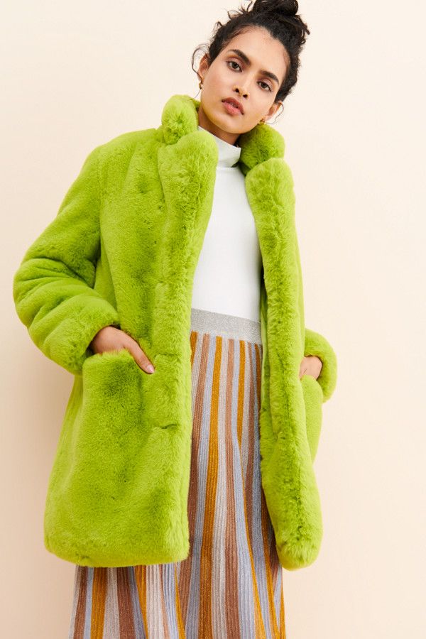 Nuuly | Sophie Faux-Fur Coat Green Faux Fur Outerwear With Long Sleeves, Green Faux Fur Coat With Faux Fur Trim, Colorful Fur Coat, Colorful Faux Fur Coat, Funky Sunglasses, Multicolor Faux Fur Long Sleeve Outerwear, Semi Formal Attire, Fran Fine, Colorful Cocktails