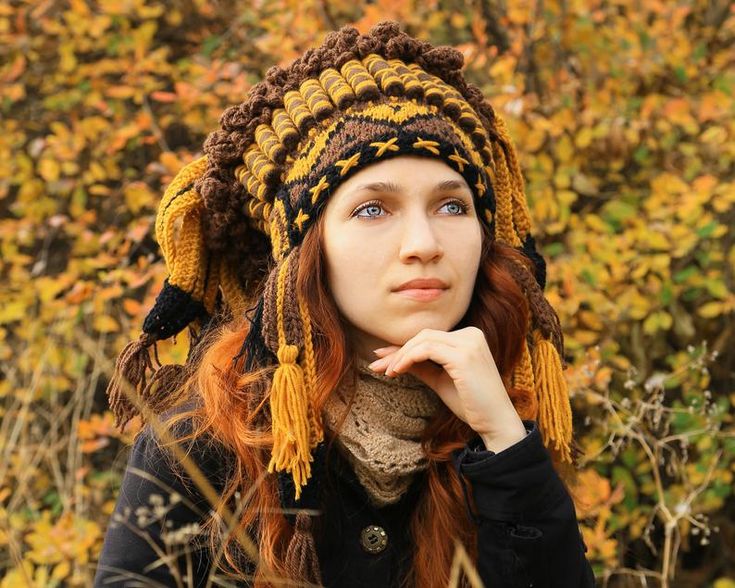 Mustard brown black crochet shaman headdress woman tribal | Etsy Bohemian Adjustable Beanie For Fall, Handmade Bohemian Costume Hats For Winter, Bohemian Brown Costume Hats And Headpieces For Festivals, Bohemian Yellow Yarn Hat, Yellow Bohemian Yarn Hat, Bohemian Knitted Hat For Fall, Bohemian Knitted Fall Hat, Brown Bohemian Beanie One Size, Bohemian Brown Knitted Beanie