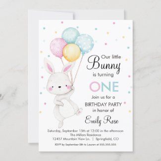 a bunny birthday party card with balloons