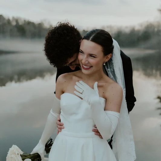 Bride wearing long satin gloves with her wedding dress Wedding Gloves With Dress, Wedding Gloves Long, White Gloves Wedding, Bridal Gloves Long, Wedding Dress With Gloves, Gloves Wedding Dress, St Simons Island Wedding, Wedding Dress Gloves, Wedding Sleeves