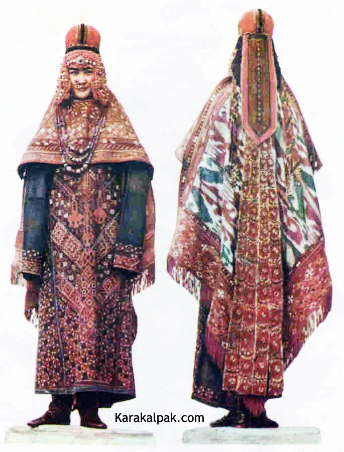 Central Asia ~ Uzbekistan | Karakalpak model wearing a sa'wkele with a qızıl kiymeshek and a ko'k ko'ylek. In fact the chain-stitch qızıl kiymeshek came into fashion after the sa'wkele had fallen into disuse. | From a plate in Allamuratov's "Karakalpak Embroidery". Asian Textiles, Traditional Attires, Ethno Style, Asian History, Into Fashion, Evolution Of Fashion, History Fashion, Russian Folk, Married Woman