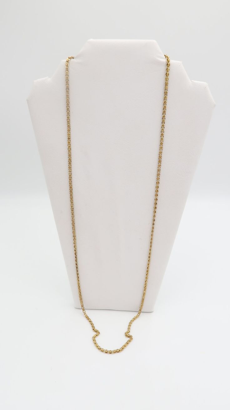 For Sale: (1) t546 14k/18k Yellow Gold Chain Necklace 34" PLEASE READ ENTIRE DESCRIPTION BEFORE PURCHASING 14k Gold Chain with 18k gold lock.Unusual vintage link chain looks like a rolo link chain. 14k yellow gold chain 34" in length and 3.57mm wide. Beautiful unusual chain can look beautiful on its on it attach a pendant. One of a kind chain.  Specifications : 14k Yellow Gold with 18k Yellow Gold Lock Length : 34" Thickness : 3.57mm Weight : 35.3g Hallmarked ? Yes(18k on lock) ------------------------------------------------------------------------------------------------ Please be 100% sure of your purchase before buying, as we do not offer refunds. We are more than happy to provide any specific pictures or answer any questions you have regarding our items. ALL INCLUDED ITEMS ARE IN PICT 14k Gold Wheat Chain Necklace For Formal Events, 14k Gold Wheat Chain Necklace For Formal Occasions, Formal Long Gold Chain Necklace, Vintage 14k Gold Necklaces With Curb Chain, Classic Yellow Gold Chain Necklace With Wheat Chain, Antique Yellow Gold Figaro Chain Necklace, Formal Yellow Gold Long Chain Necklace, Long 14k Yellow Gold Chain Necklace, Long Yellow Gold 14k Chain Necklace