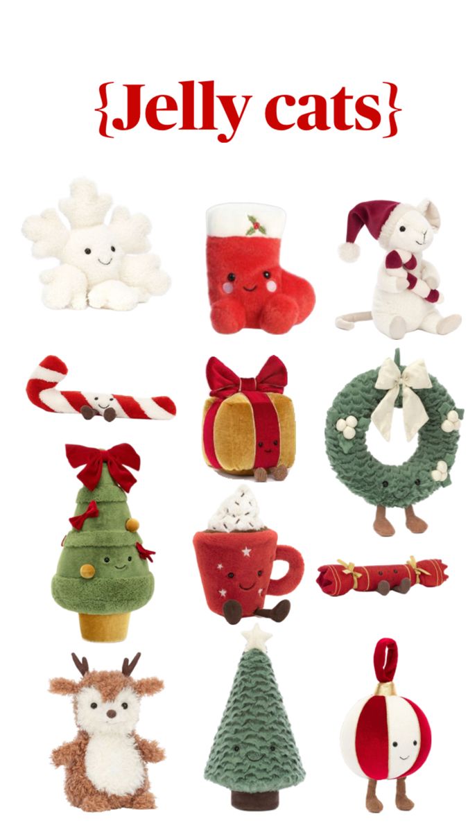 a bunch of stuffed animals that are in the shape of christmas trees and mugs