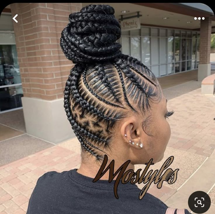 Ponytail Stitch Braid Style, Stitch Braids Updo, Updo Cornrow Hairstyles, Stitch Braid Hairstyles, Freestyle Ponytail, Braid Updo For Black Women, Updo Cornrows, Cornrow Updo Hairstyles, Braided Bun Styles