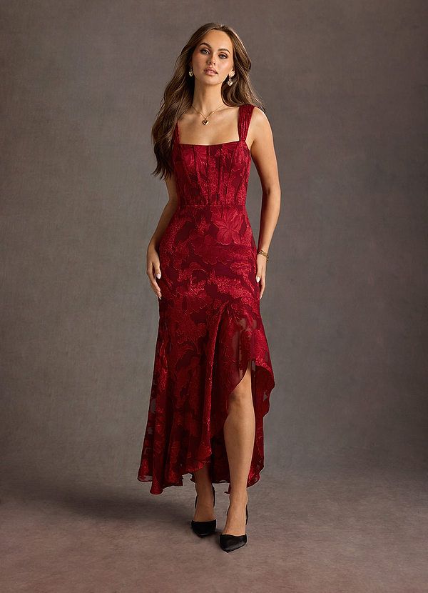 Remi Ruby Red Maxi Dress | Azazie UK Atelier Dress, Red Formal Dresses, Winter Wedding Guest Dress, Red Maxi Dress, Lace Bride, Red Bridesmaid Dresses, Red Maxi, Wedding Attire Guest, Red Dress Maxi