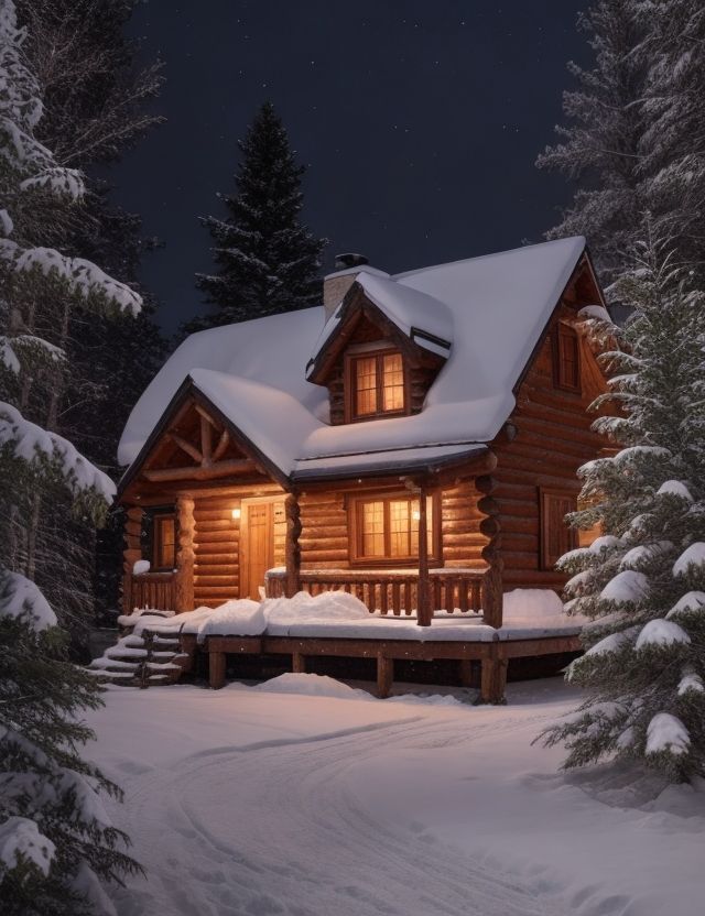 a log cabin in the snow at night