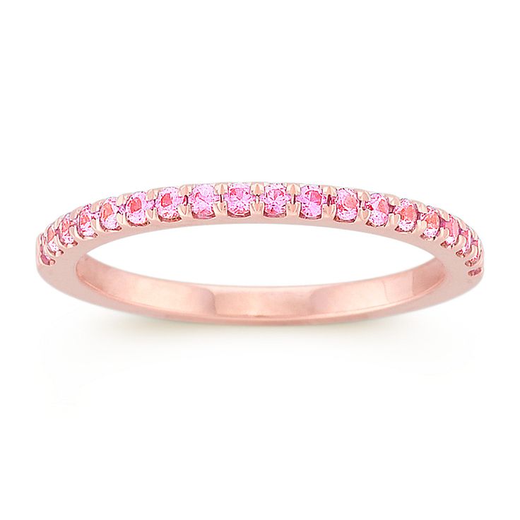 Round Pink Sapphire Wedding Band in Rose Gold 14k Rose Gold Pink Diamond Promise Ring, Pink Diamond Promise Ring In 14k Rose Gold, Pink 14k Rose Gold Diamond Promise Ring, Anniversary Rose Gold Pink Sapphire Ring, Pink Rose Cut Diamond Promise Ring, Pink 14k Rose Gold Promise Ring, Elegant Pink Ruby Half Eternity Ring, Pink Diamond Ring With Round Band In Fine Jewelry, Pink Ruby Ring With Round Band In Fine Jewelry