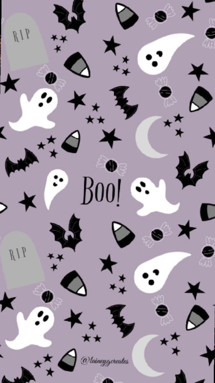 a purple background with black and white halloween items on it, including bats, ghost heads, and stars