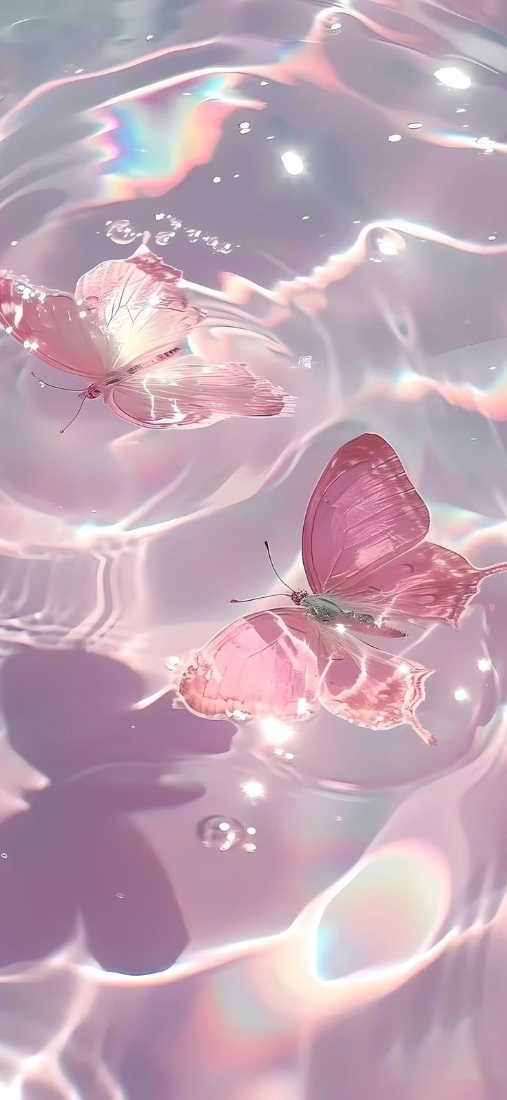 two pink butterflies floating on top of water