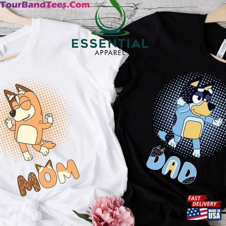 two t - shirts that say mom and dad with cartoon characters on the front, one is