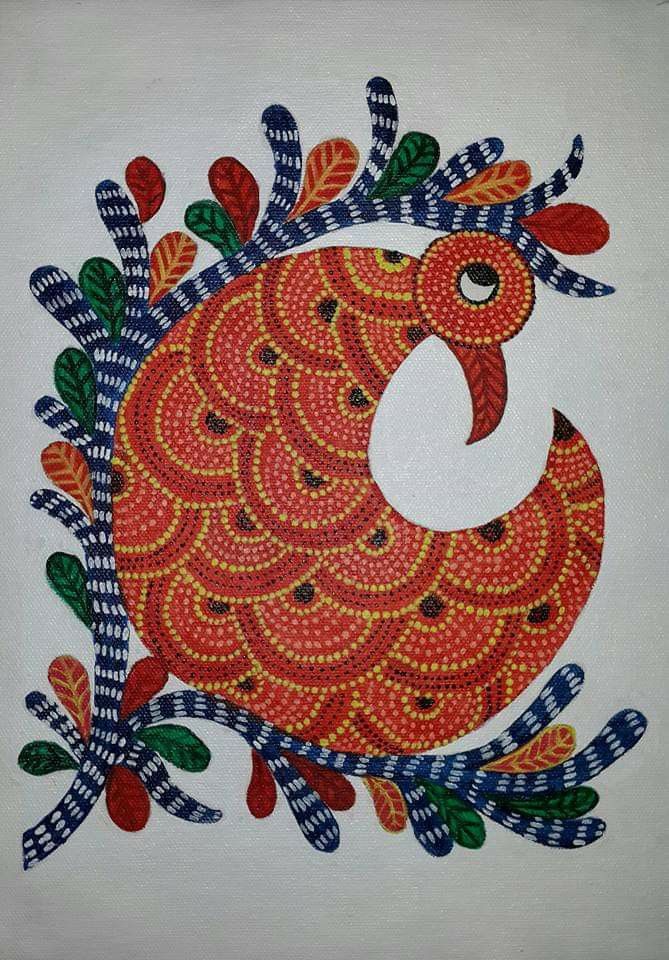 a painting of a red bird with leaves on it's head and tail, in the shape of a circle