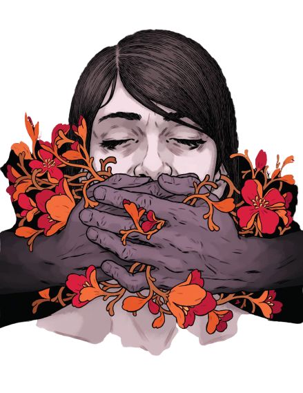 a woman covering her face with her hands and flowers around her neck, in front of a black background