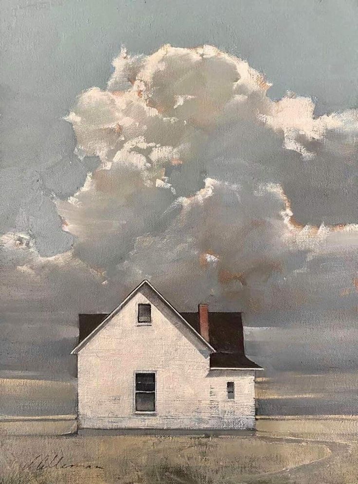 a painting of a white house in the middle of a field under a cloudy sky