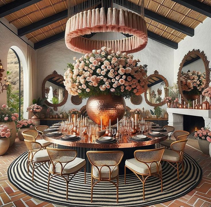 the dining room is decorated with pink flowers and gold accents, along with round tables