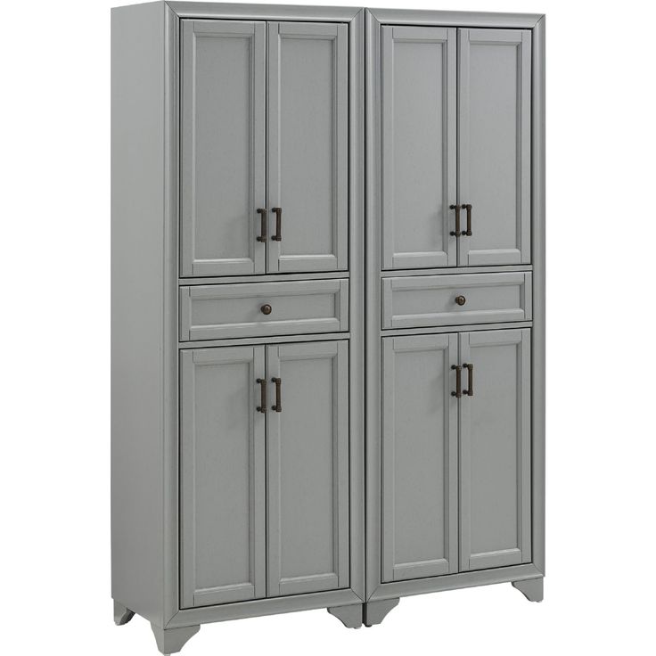 a gray cabinet with three doors and two drawers on the front, one door open