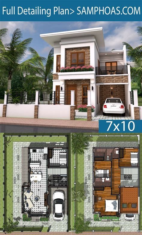 three story house plan with 3 car garages and 2 levels, in the middle of two