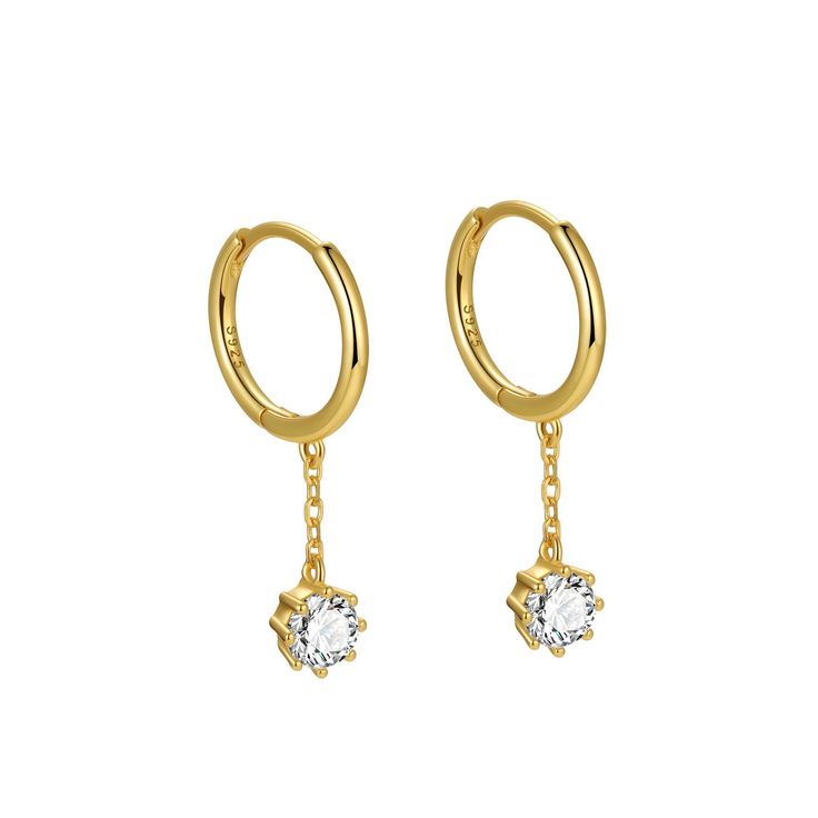 Indulge in luxury and elegance with our Dangling Chain CZ Hoop Earrings. Featuring a delicate chain with a sparkling CZ stone at the end, these earrings add a touch of sophistication to any outfit. Embrace the dainty design and elevate your style with these must-have accessories. Details: Sold as a pair Material: Solid 925 Sterling Silver Hypoallergenic and always nickel-free, safe for sensitive ears Finishing: White Gold (Silver-finish) | 18K Gold (Gold-finish) Hoop diameter: 9mm Dangling Cryst Party Dangle Huggie Earrings, Elegant Sterling Silver Huggie Earrings With Dangling Charms, Dainty Hoop Earrings With Delicate Chain Dangle, Elegant Huggie Earrings With Dangling Charms, Dainty Drop Hoop Earrings With Adjustable Chain, Ear Cuff Chain, Earring Cuff Chain, Barbell Earrings, Delicate Chain