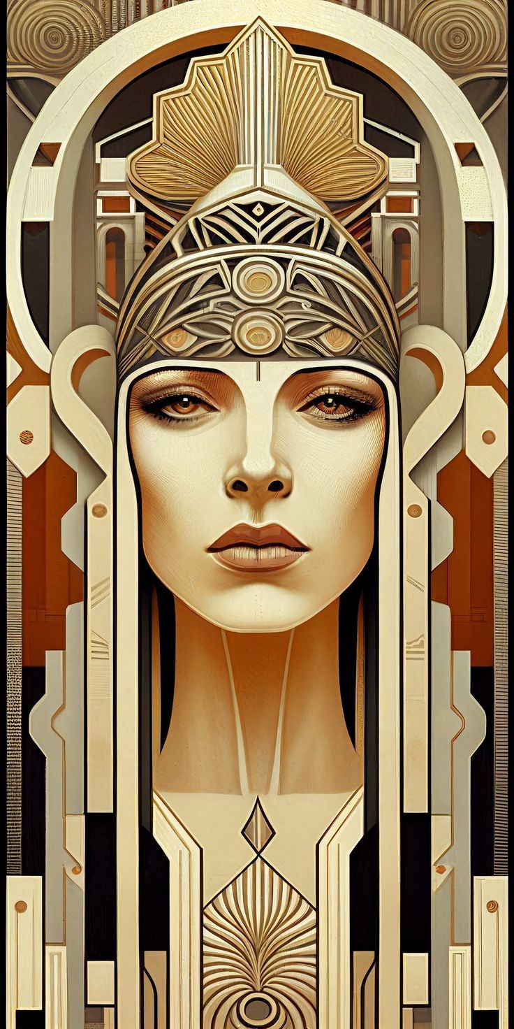 a woman's face is shown in an art deco style