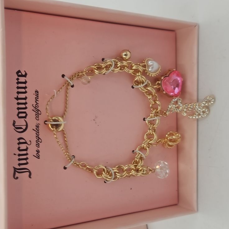 Gold Color Chain Links With 5 Different Charms. Adjustable Length Pull Chains Closure. Nwot. Juicy Cotoure Charm Bracelet, Party Charm Bracelet With Dangle, Thrift Board, Chunky Charm Bracelet, Juicy Couture Charms Bracelet, Tj Max, Random Cute Things, Dope Jewelry Accessories, Juicy Couture Charms